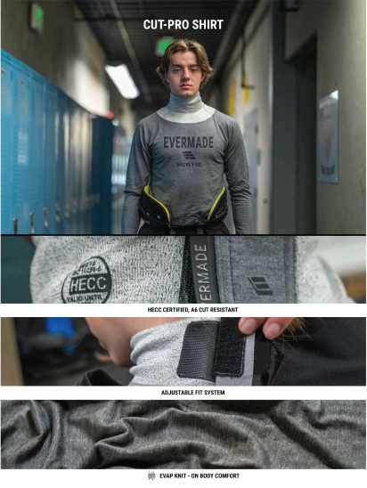 Hockey Player wearing Cut-Pro Shirt with detail images of cut resistant fabric, closure systems, and highly comfortable body materials.